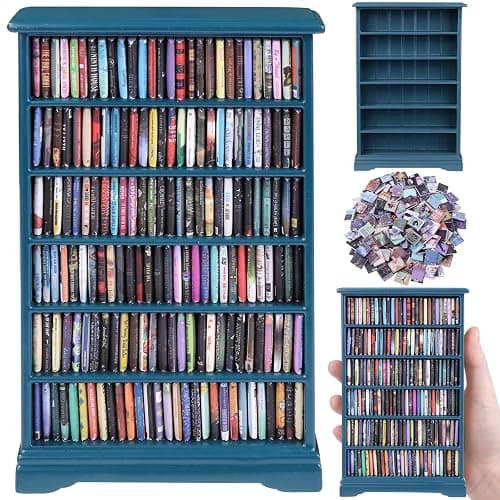 DIYDEC Mini Bookshelf with 180pcs Mini Books Miniature Blue Bookshelf Ornament Tiny Small Library Decor Shake Away Your Anxiety for Book Lovers Gift Home Room Office - Image 1