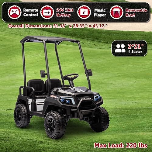 karbost 24V 7AH Ride on Car with Parent Remote Control, 4 Seater Kids Ride on Golf Cart with Plastic Roof, 4WD Ride on Toys with EVA Tires, Gas Pedal, Music Player, Horn (Black) thumbnail 2