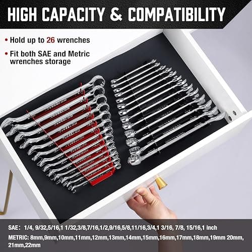 ALOANES 26-Slot Metal Wrench Organizer, Heavy Duty Wrench Organizer Tray for Tool Box, Professional Fit SAE & Metric Wrench Storage, 2 Pack Wrench Holders(Black) thumbnail 5