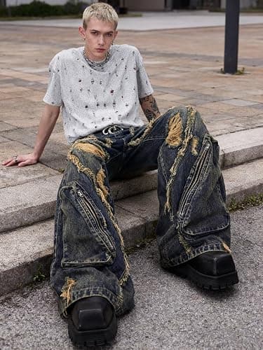 Y2k Retro Niche Baggy deconstruction Tassel Ripped Jeans Men's and Women's Large Pocket Design Sense Work Pants thumbnail 6