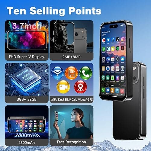 Pdfbenli Mini Phone for Kids, 3GB+32GB, 3.7 HD Touchscreen, Mini Smartphone with Call/Video/WiFi, GPS, Face ID, Dual SIM, Android 10.0, Unlocked Mini Cell Phone for Backup Birthday Gifts (Black) thumbnail 2
