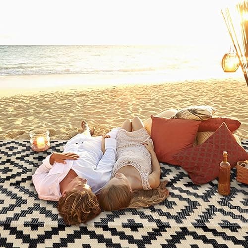 SAND MINE Waterproof Outdoor Rug 5x8 ft, Plastic Reversible Rug, Modern Area Rug, Large Floor Mat for Outdoors, RV, Patio, Backyard, Deck, Picnic, Beach, Camping, Black & Beige thumbnail 7