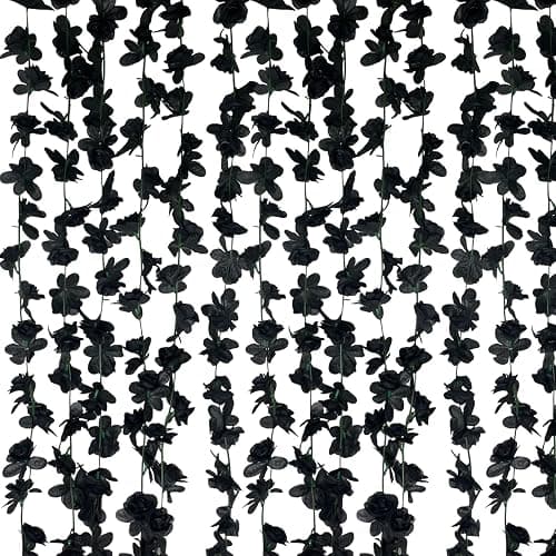 8Pcs 63Ft Black Rose Garland, Fake Rose Hanging Flowers, Artificial Flower Vine, Hanging Floral Vine Garland for Wedding, Birthday Party, Wall Arch, Halloween, Christmas Garden Backdrop Decor - Image 1