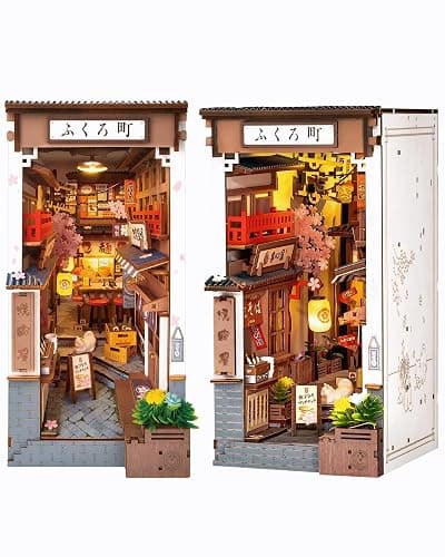 Rolife Book Nook Shelf Insert - Sakura Wine Alley DIY Miniature House Kit with Mirror & Touch Light, 3D Wooden Puzzle Bookend Decor, Unique Craft Gift for Adults/Women (TGB11) - Image 1