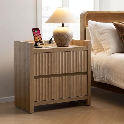 SICOTAS Night Stands Set of 2-Fluted Nightstands with Charging Station- Modern 2 Drawers Nightstand 25" Tall Bedside Table End Table, Large Night Stand for Bedroom (Reclaimed Caramel Oak) thumbnail 4