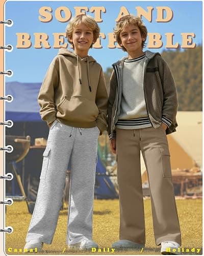 LessonZoo 4 Pack Boys' Cargo Sweatpants Elastic Drawstring Open Bottom Active Pants Casual Workout Joggers with 4 Pockets thumbnail 2