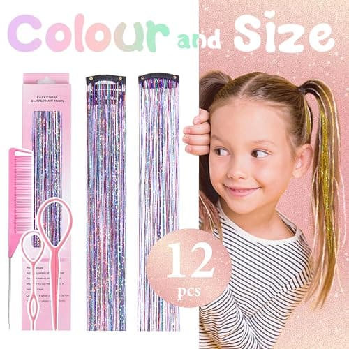 Hair Tinsel Clip in Dreamy Colorful Fairy Hair Tinsel Kit, 12 Pcs 24 Inch Glitter Clip in Hair Extensions for Girls Women Kids Christmas New Year Festival Party (Dreamy Colorful) thumbnail 3
