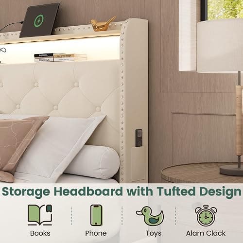 LARMACE Queen Size Bed Frame with 4 Storage Drawers and Charging Station,Velvet Upholstered Platform Bed Frame with LED Headboard,Heavy Duty,No Box Spring Needed,Easy Assembly,Beige thumbnail 9