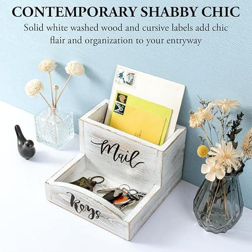 MyGift Shabby Whitewashed Solid Wood Mail Holder and Key Organizer Entryway Storage Tray with Cursive Mail and Keys Word Design, Office Desktop Organizing Bin thumbnail 4