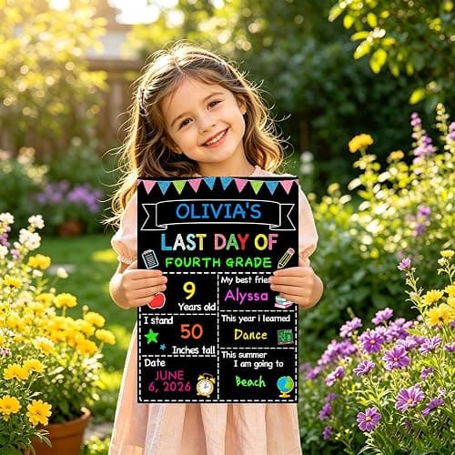 First Day of School Sign 14"x10" with Chalk Markers Double-Sided First and Last Day of School Board Reusable Wooden Colorful Chalkboard for Grades 1-12 Kindergarten Pre K Photography thumbnail 6