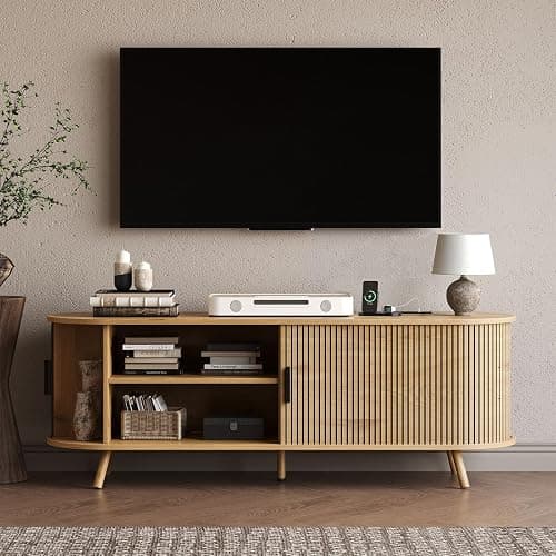 EPLICEMR 55 inch TV Stand with Power Outlet, Fluted Entertainment Center for TVs Up to 60 inch, Modern TV Console with Large Storage & Sliding Doors, Media Console for Living Room|Bedroom, Nature Oak thumbnail 7