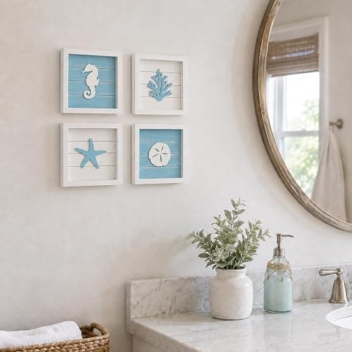 Tide and Tales Coastal Wall Art (Framed Set of 4) Beach Bathroom Wall Decor with Starfish, Seahorse, Sand Dollar and Coral - Ocean Theme Turquoise Room Decor - Seashell Beach Decorations for Home 7" x 7" thumbnail 7