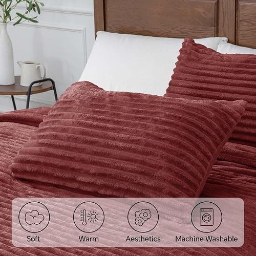 BEDELITE Fleece King Comforter Set -Super Soft & Warm Fluffy Burgundy Bedding, Luxury Fuzzy Heavy Bed Set for Winter with 2 Pillow Cases thumbnail 5