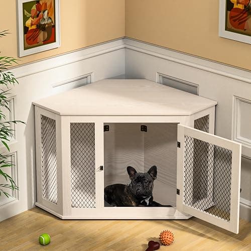 VENDORZ Corner Dog Crate Furniture, 44" Wooden Dog Kennel Furniture End Table with Mesh, Dog Kennel Indoor Furniture for Small Medium Dogs, Modern Decorative Wood Pet House Dog Cage Crate, White - Image 1