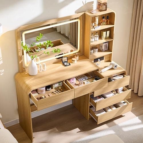 50” Modren Vanity Desk with Mirror and Lights with Charging Station Natural | Makeup Vanity with 35.43" Smart LED Mirror and 5 Drawers & Storage Shelves, Wooden Makeup Table for Women and Girls, Bedroom thumbnail 3