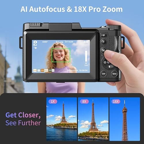 Digital Camera 5K, 64MP Cameras for Photography, YouTube Vlogging, 18X Zoom UHD Autofocus Compact Point and Shoot Flip Screen Camera with 64GB SD Card, 2 Batteries, Small Photo Camera for Kids, Teen thumbnail 3