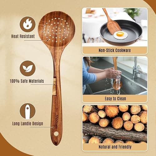 Mooues Wooden Spoons for Cooking, Wooden Utensils for Cooking Natural Teak Wooden Kitchen Utensils Set Comfort Grip (10 PCS SET) thumbnail 3