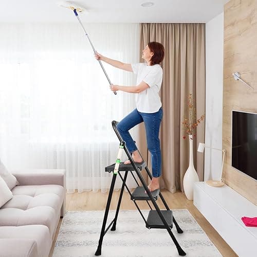 3 Step Ladder, Portable Steel Folding Stool with Wide Anti-Slip Pedal, 500lbs Sturdy Steel Ladder, Black thumbnail 10