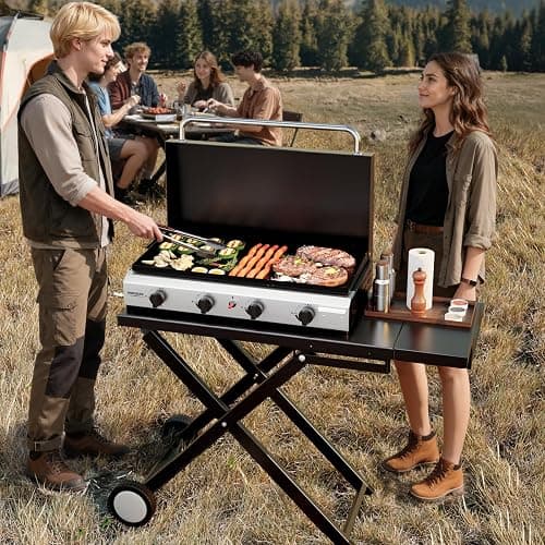 ROVSUN 4 Burner Foldable Propane Griddle with Wheels, Enameled Tray & Lid, 40000 BTU Portable Rolling Flat Top Gas Grill with Electronic Ignition & Regulator for Outdoor Cooking Camping BBQ Tailgating thumbnail 2