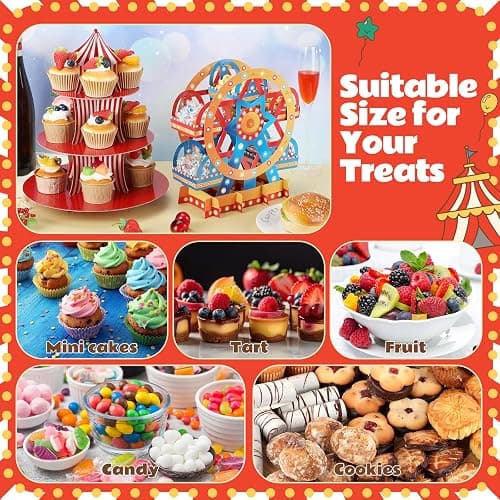 Vesici Set of 4 Carnival Theme Ferris Wheel Centerpieces and Cupcake Stands 3 Tier Cardboard Cupcake Holder for Dessert Displays Birthday Party Decorations thumbnail 5