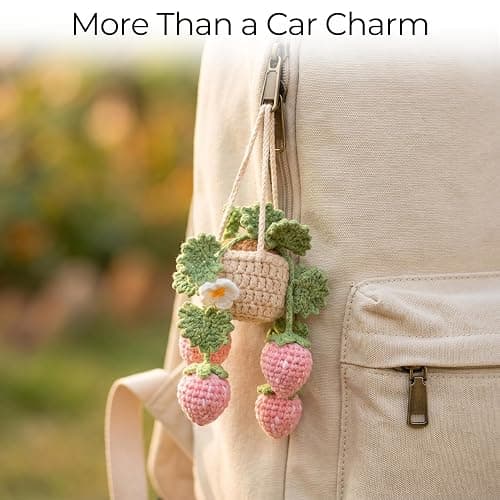 Crochet Hanging Plant for Car, Cute Plant Strawberry Car Accessories for Women, Handmade Boho Charms for Rear View Mirror thumbnail 6