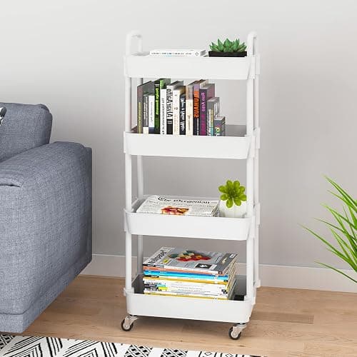 UDEAR 4-Tier Kitchen Rolling Utility Cart,Multifunction Storage Organizer with Handle and 2 Lockable Wheels for Kitchen,Bathroom,Living Room,Office,White thumbnail 5