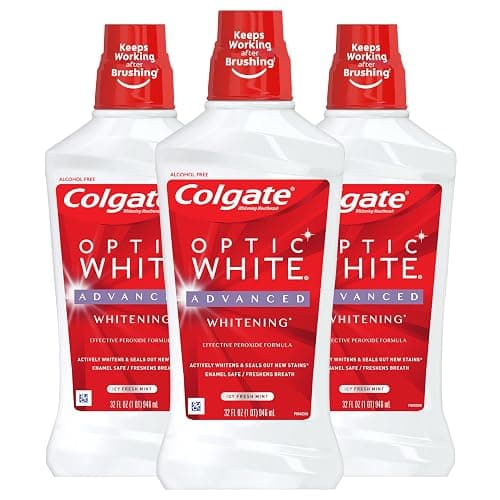 Colgate Optic White Advanced Teeth Whitening Mouthwash, 3 Pack, 2% Hydrogen Peroxide, Alcohol-Free and Enamel Safe, ICY Fresh Mint, 32 Oz thumbnail 8