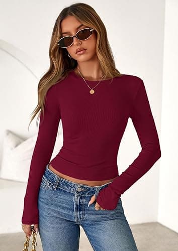 PRETTYGARDEN Women 2025 Fall Clothes Long Sleeve Shirts Ribbed Knit Fitted Basic Tee Going Out Tops Underscrub Casual Outfits thumbnail 2