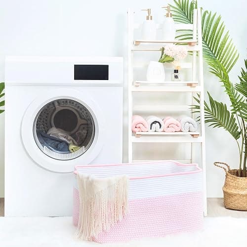 MINTWOOD Design 22in Extra Large Blanket Basket Holder Living Room, Rectangle Rope Woven Storage Basket with Handles for Laundry, Pool Towels, and Shoes, Dog Toy Organizer Bin Box, Light Pink thumbnail 6