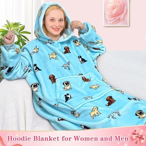 Waitu Wearable Blanket Sweatshirt Gifts for Women and Men, Warm and Cozy Giant Blanket Hoodie, Thick Flannel Blanket with Sleeves and Giant Pocket - Light Blue thumbnail 3
