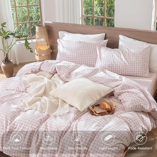 MooMee Gingham Duvet Cover Set 100% Washed Cotton Linen Like Textured Breathable Durable Soft Comfy Modern Checkered Design (Classic Gingham Greyish Pink, Queen 90"x90") thumbnail 4