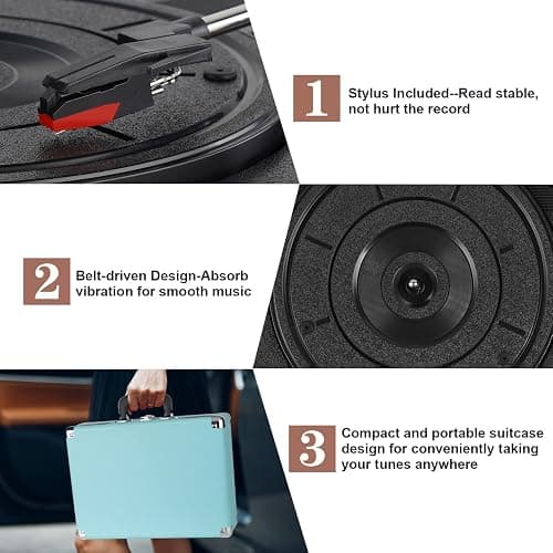 Vinyl Record Player, 3 Speeds Suitcase Portable Record Player with Built-in Speakers, Vintage Belt Driven Turntable with RCA Output/Headphone/Aux in Jack/45 Adapter Blue thumbnail 4
