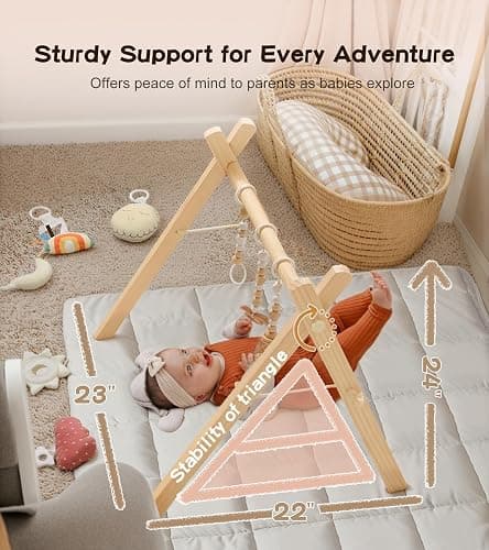 Baby Play Gym with Mat, Wooden Play Gym with 9 Sensory Toys, Baby Activity Center‌ for ‌Infant Motor Development‌, Natural Pine Wood, ‌Easy to Assemble & Clean‌, Montessori Toys, Natural Color thumbnail 6