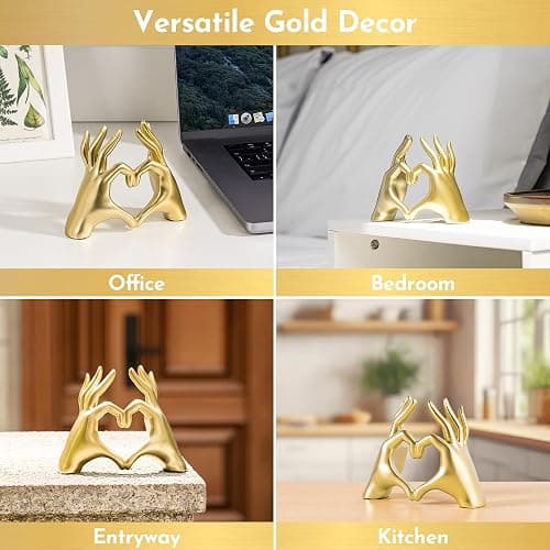 Gold Decor Living Room - Small Shelf Decor Aesthetic - Heart Hands Sculpture - Teen Girls Bedroom Knick Knacks - Cute Home Shelves Accent - Table Statue Love Decorations Gifts (Gold Fingers) thumbnail 7