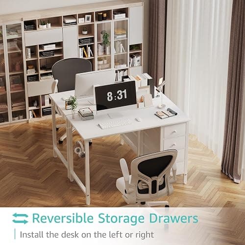 Lufeiya Small White Desk with Drawers for Bedroom, 40 Inch Kids Girls Study Desks, Reversible Computer Writing Nail Table with Fabric Drawer for Small Spaces Home Office Manicure thumbnail 4