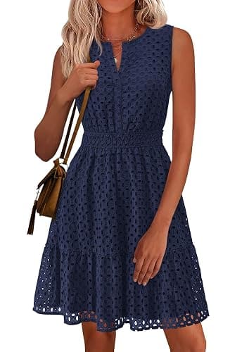 PRETTYGARDEN Women's Summer Eyelet A Line Short Dresses | Sleeveless Sun Dresses, V Neck, Hollow Out, Lightweight Flowy Swing, Fit & Flare, Beach Vacation Outfits, Boho Party Dress - Image 1