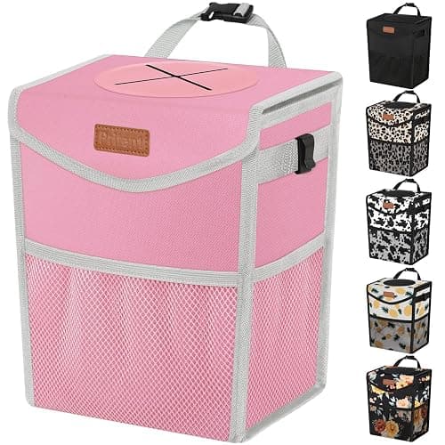 Pritent Car Trash Can with Lid, Cute Leakproof Car Trash Garbage Bag Hanging Vehicle Trash Bin Small Portable Automotive Garbage Cans Organizer for Back/Front Seat(Trapezoid,Pink - Image 1
