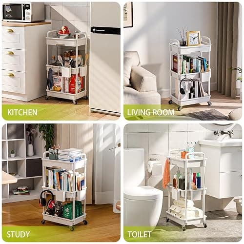 Sorgion 3 Tier Rolling Cart Organizer,Laundry Room Bathroom Organizers and Storage Office Shelves Mobile Shelving Unit Kitchen Trolley Cart with Wheels for Art,Craft,Diaper,Bedside,Snack(White) thumbnail 6