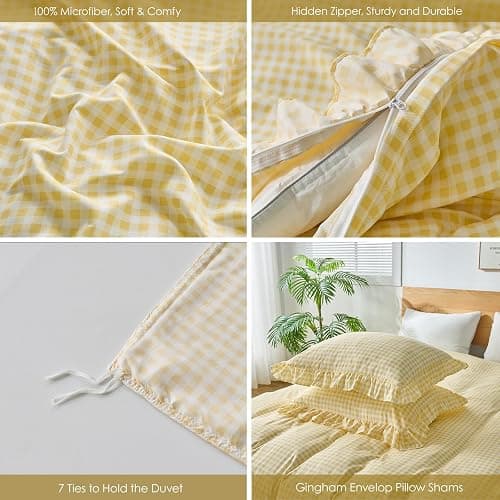 kisswish Gingham Duvet Cover Full Size, 3 Pieces Soft Breathable Microfiber Plaid Comforter Cover with Zipper Closure & 2 Pillow Shams, Ruffle Farmhouse Vintage Decor, Yellow thumbnail 2