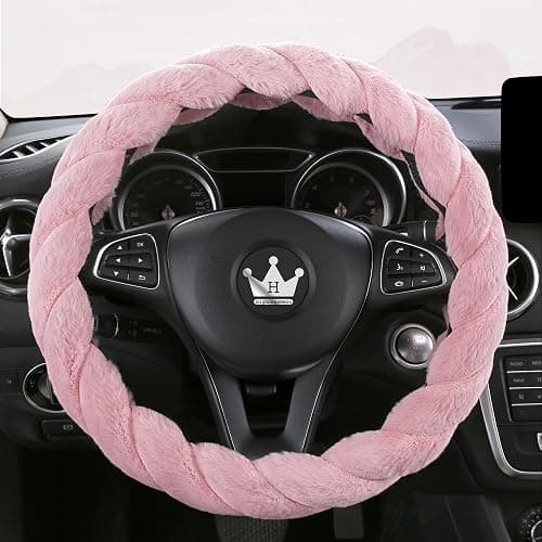 HighnessHwoo Luxury Fluffy Winter Car Steering Wheel Cover for Women Soft Warm Plush Cute Auto Accessories for Vehicle, Sedan, Universal, Fuzzy, Anti Slip, Pink, Standard Size, 14.75-15.15" - Image 1
