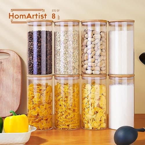 HomArtist Glass Jars with Bamboo Lids 28 floz [Set of 8], Glass Canisters with Airtight Lids, Glass Food Storage Containers for Pasta, Oats, Coffee, Flour, Sugar, Rice, Best for Kitchen & Pantry thumbnail 2