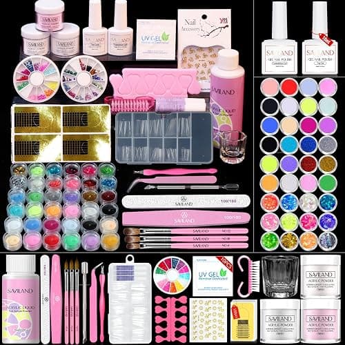 Saviland Acrylic Nail Kit – 61 in 1 Nail Kit Set Full Acrylic Powder Set with Everything Nail Supplies Acrylic Nail Liquid Nails Tips & Glue for Beginners Nail Extension French Manicure Home DIY - Image 1