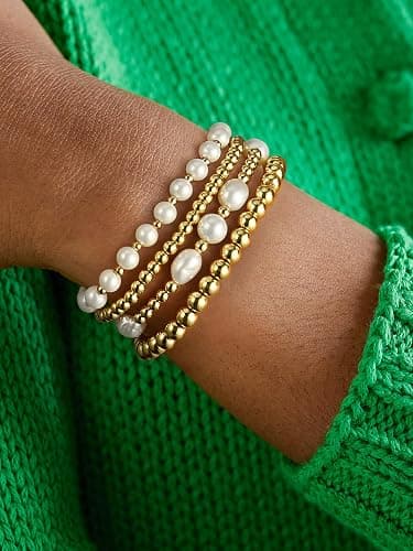 Gold Beaded Bracelets for Women Baroque Pearl Stackable14K Gold Plated Stretch Bead Ball Bracelet Jewelry Gifts thumbnail 3