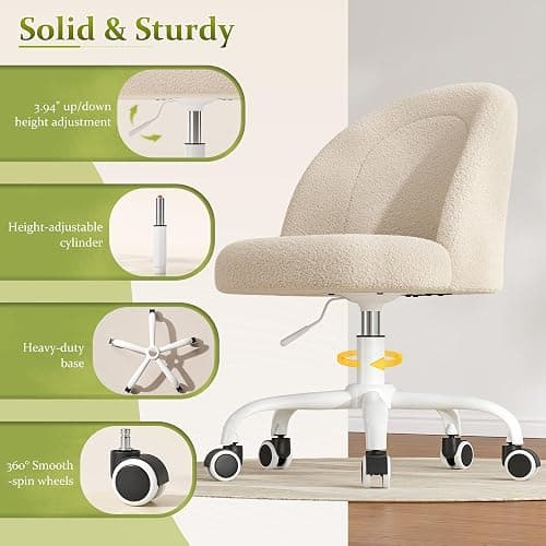 DurayLoly Vanity Chair with Back, Cute Desk Chair with Wheels, Armless Office Chair Height Adjustable, Soft Lumbar Support for Small Space, Bedroom, Light Yellow thumbnail 7