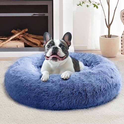 JOLLYVOGUE Small Dog & Cat Beds for Indoor Cats, Donut Cuddler Warming Soft Dog Beds with Anti-Slip Bottom, Round Calming Fluffy Plush Faux Fur Cushion Bed for Small Dogs (20", Navy Blue) thumbnail 2
