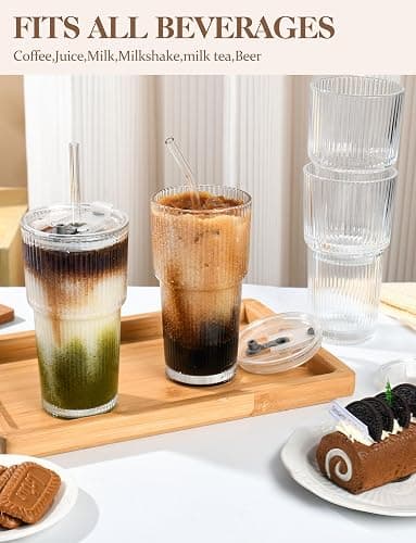 Amyoole 20 oz with Lids and Straws Ribbed Glass Cup Set of 4 | Clear Drinking Glasses, Reusable Vintage Iced Coffee Tumbler, Leak Proof Thick Glassware for Juice,Cocktail,Smoothie,Beer thumbnail 7