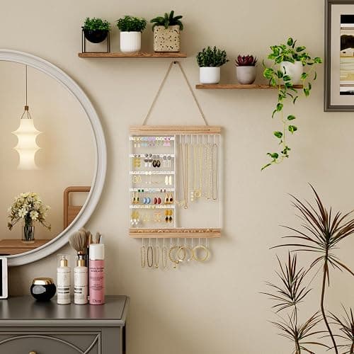 Hanging Jewelry Organizer and Storage, 5-Tier White Earring Necklace Holder Jewelry Display Organizer Stand Rack, Wall Mounted for Earrings Necklaces Bracelets and Rings, White thumbnail 4
