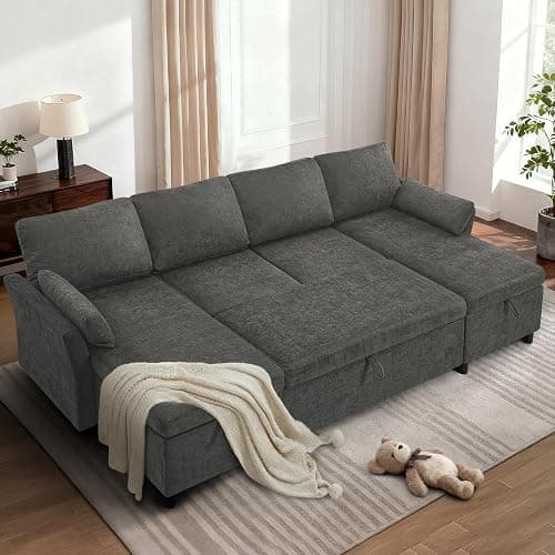 ACMEASE 107 Inches Fabric Sectional Sofa with Pull Out Sofa Bed, Modern U-Shape Sofa with Throw Pillows, Comfortable Sleeper Couch with Storage Chaise for Living Room, Grey thumbnail 2
