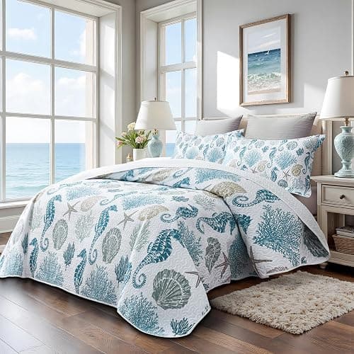 weesire Coastal Bedding Queen Size Coastal Quilt with 2 Shams, Nautical Beach Comforter Sets Ocean Bedspreads Blue Seahorse Coverlet Summer Bedding, 90''x96'' thumbnail 2