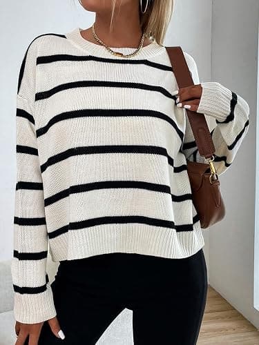 GORGLITTER Women's Striped Drop Shoulder Sweater Oversized Crew Neck Knit Sweaters Pullover Top thumbnail 4